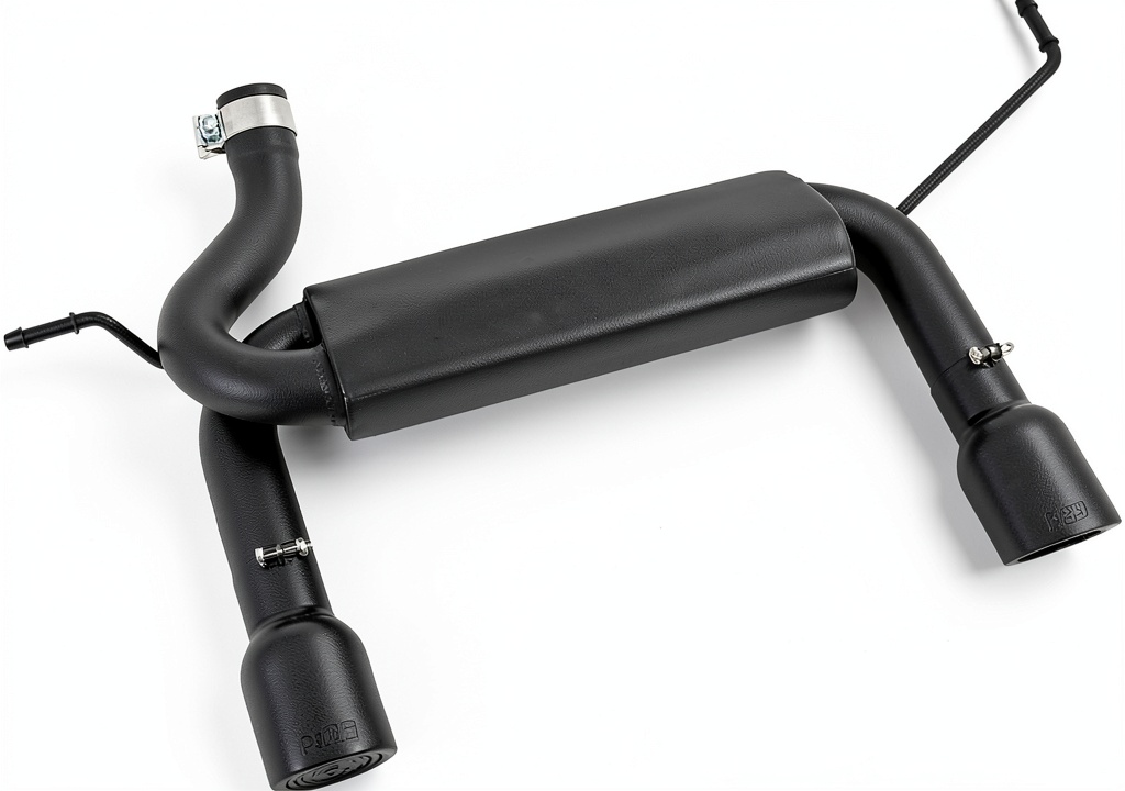 Installing Rough Country Dual Outlet Exhaust for Jeep Wrangler JK on a wooden garage bench