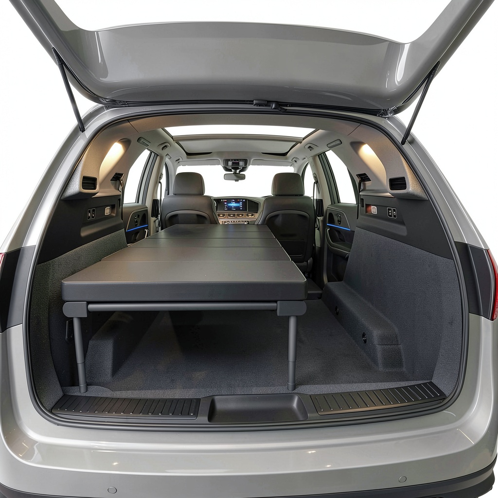 Car Bed installed in a vehicle trunk for camping
