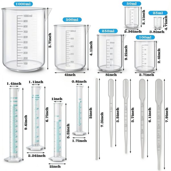 Graduated Cylinders Set 23Pcs - 6 Clear Plastic Cylinders 25-1000ml, 4-2