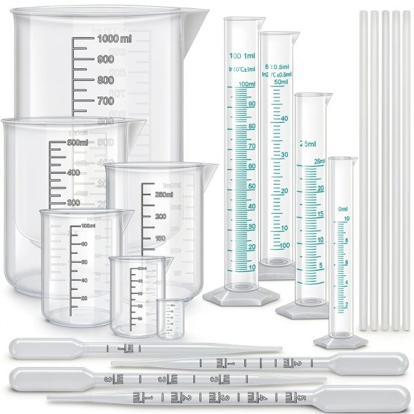 Graduated Cylinders Set 23Pcs - 6 Clear Plastic Cylinders 25-1000ml, 4-0