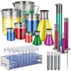 Baderke 40 Pcs Plastic Test Tubes with Rack 5 Graduated Cylinder 6 Beakers 3 Erlenmeyer Flask 10 Plastic Transfer Pipette for Lab Party DIY-0