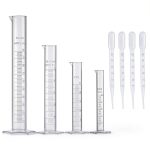 Measuring Cylinder Set, 4 Sizes Graduated Polypropylene Lab Test Tubes in 100 ml, 50 ml, 25 ml, 10 ml for Laboratory, & Science Experiments with 4 Plastic Droppers in 3 ml-0