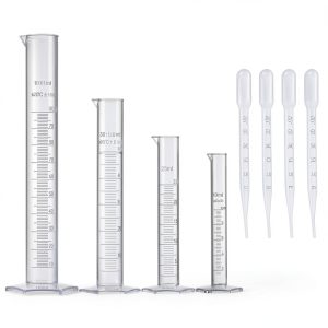 Measuring Cylinder Set, 4 Sizes Graduated Polypropylene Lab Test Tubes in 100 ml, 50 ml, 25 ml, 10 ml for Laboratory, & Science Experiments with 4 Plastic Droppers in 3 ml-0