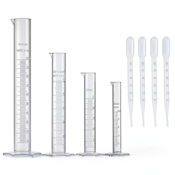 Measuring Cylinder Set, 4 Sizes Graduated Polypropylene Lab Test Tubes in 100 ml, 50 ml, 25 ml, 10 ml for Laboratory, & Science Experiments with 4 Plastic Droppers in 3 ml-0