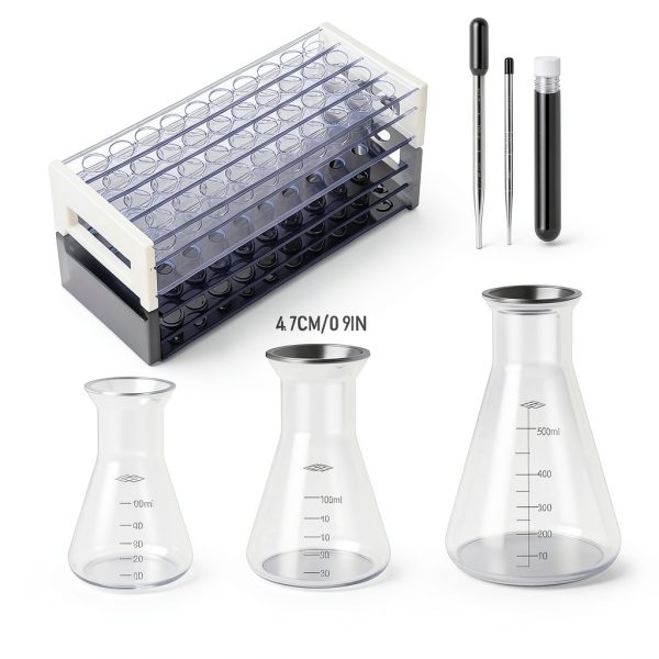 Baderke 40 Pcs Plastic Test Tubes with Rack 5 Graduated Cylinder 6 Beakers 3 Erlenmeyer Flask 10 Plastic Transfer Pipette for Lab Party DIY-3