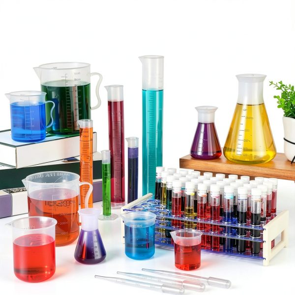 Baderke 40 Pcs Plastic Test Tubes with Rack 5 Graduated Cylinder 6 Beakers 3 Erlenmeyer Flask 10 Plastic Transfer Pipette for Lab Party DIY-4